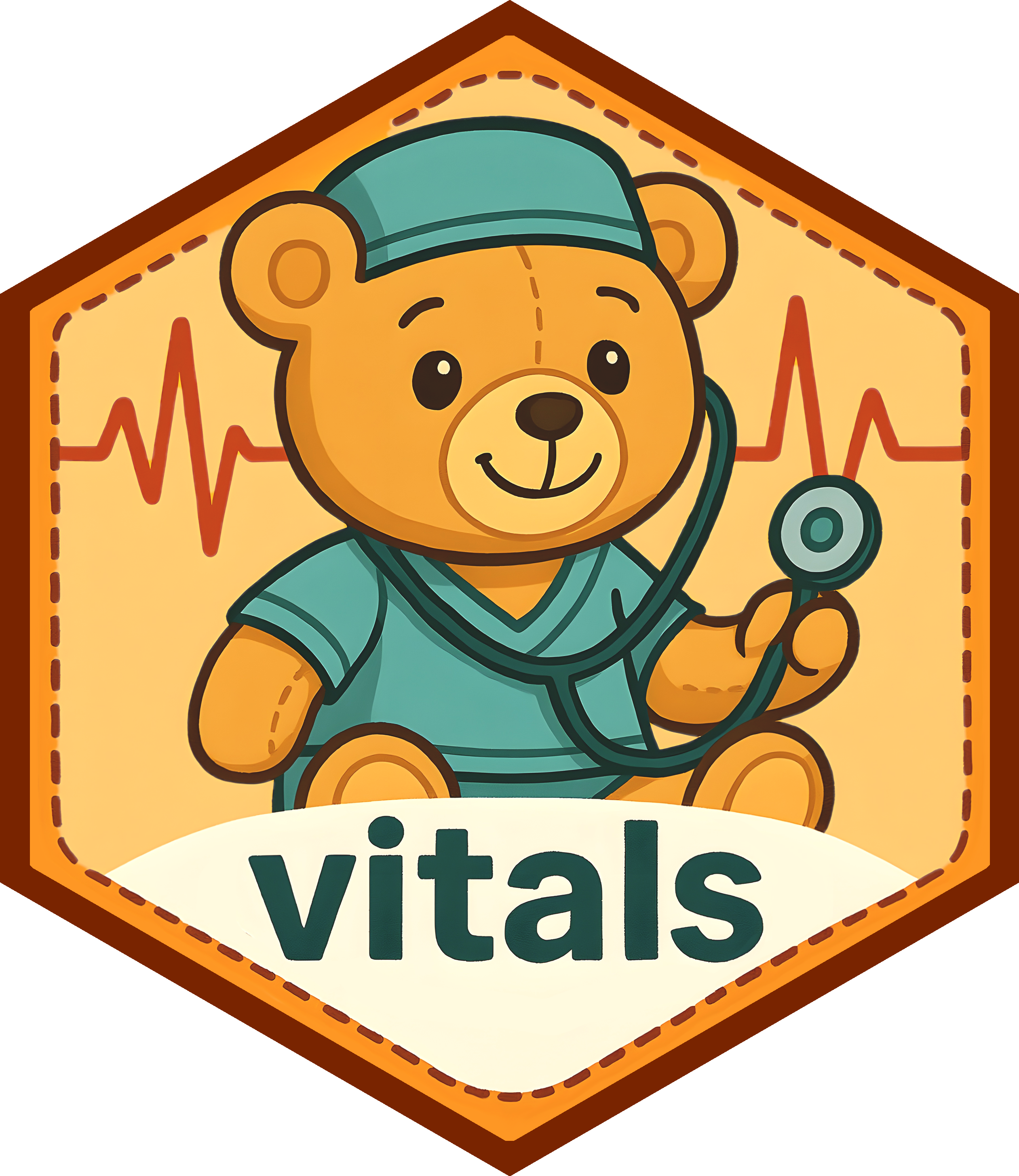 The vitals package hex sticker shows a teddy bear dressed as a doctor.