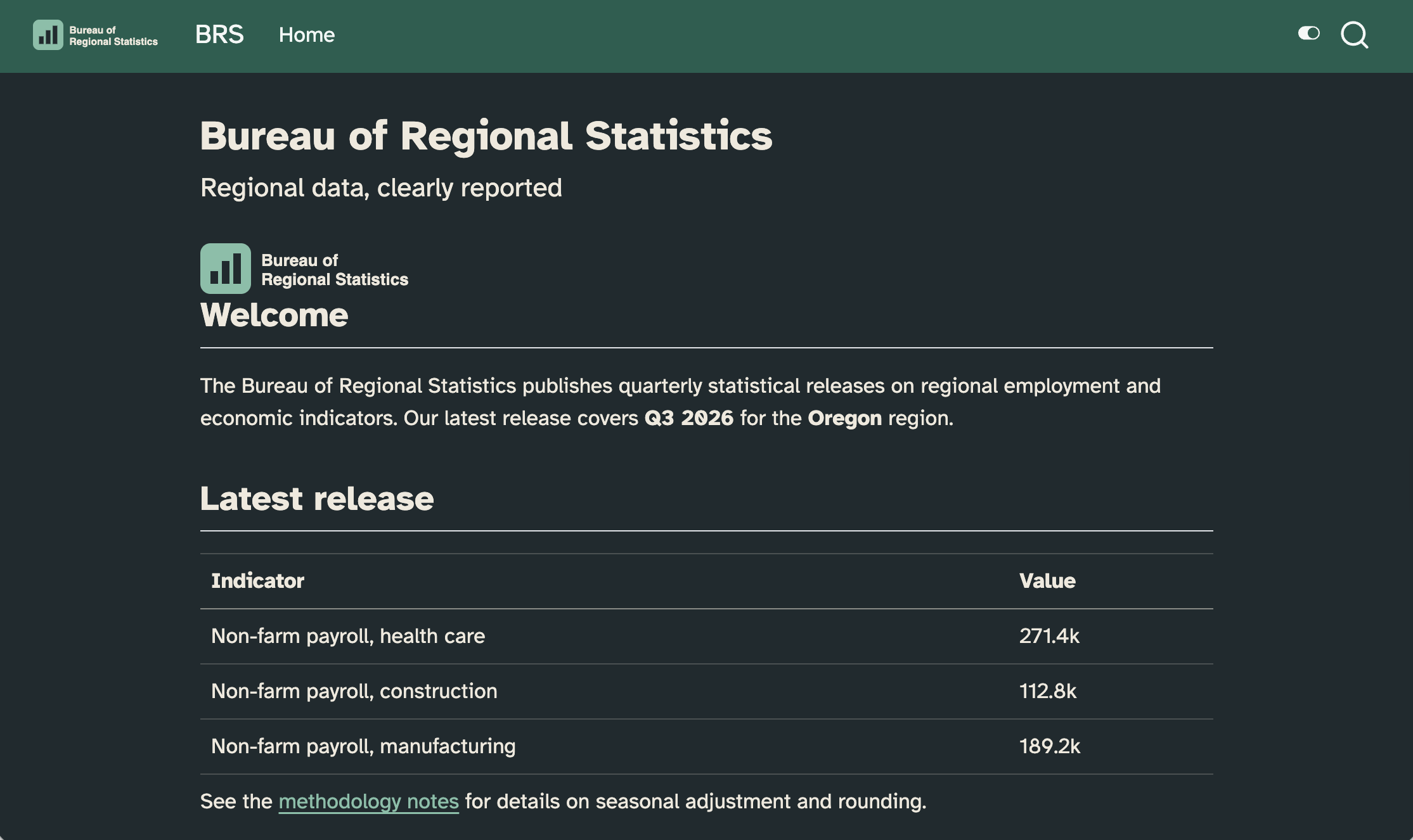 Branded website for Bureau of Regional Statistics, dark mode.