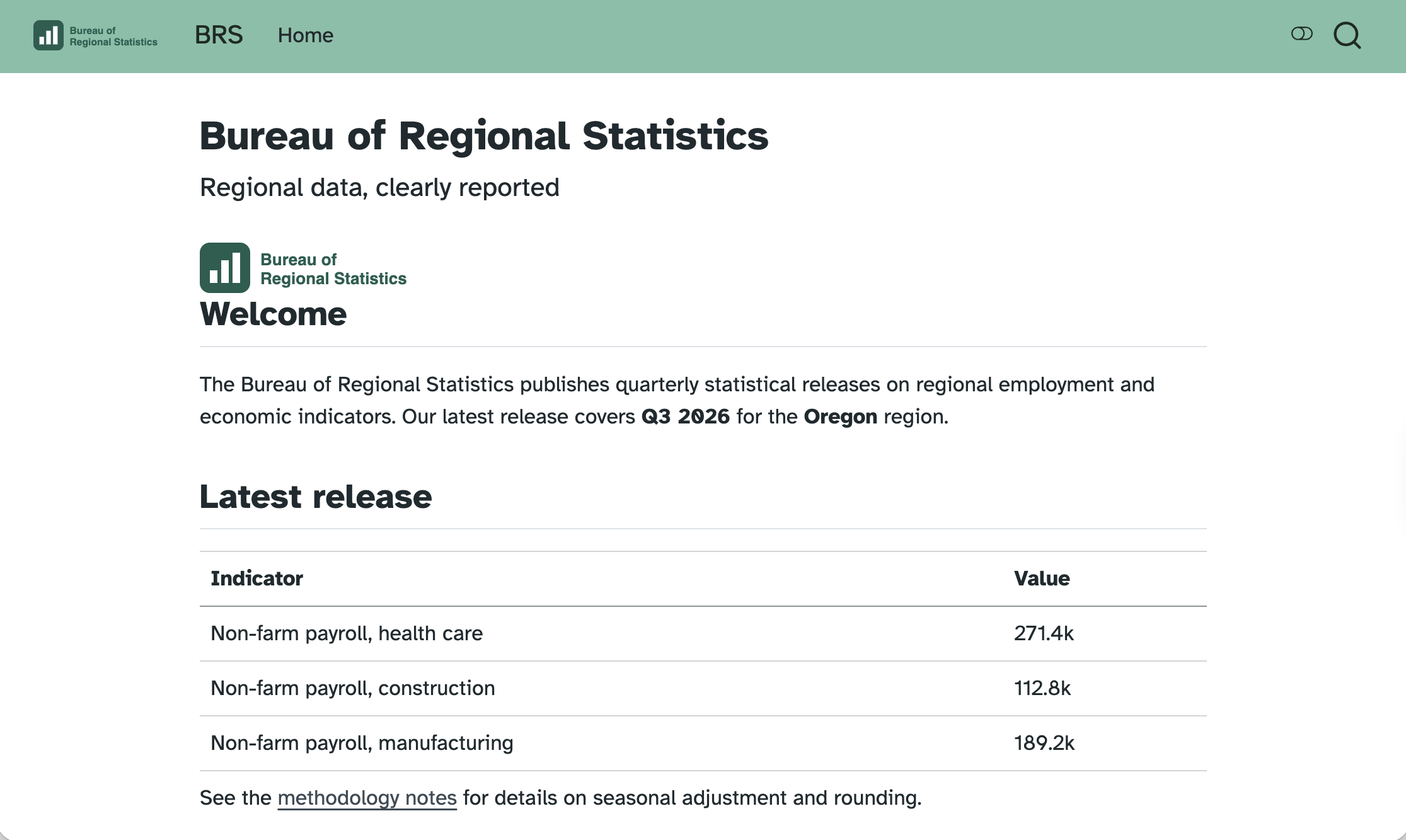 Branded website for Bureau of Regional Statistics, light mode.