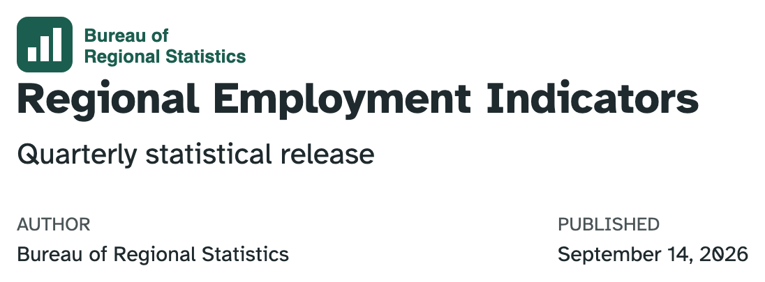 The same title block with the agency logo and wordmark now added above the title, at full size on the left. Below it, Regional Employment Indicators, the subtitle, and the Author and Published columns.