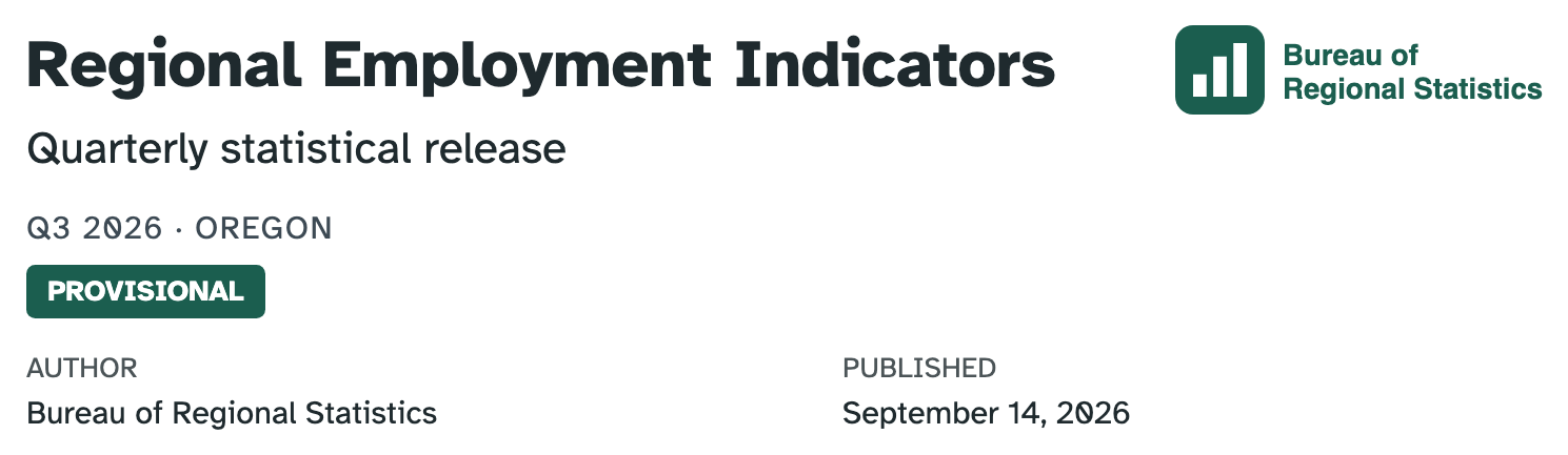 The finished title block. The agency logo and wordmark sit at the top right. Regional Employment Indicators is large and bold at the left, with the subtitle Quarterly statistical release beneath it. Below that, in small grey letter-spaced capitals, Q3 2026 dot OREGON. Under that a dark green rectangular badge reads PROVISIONAL in white capitals. Author and Published run along the bottom in two columns.