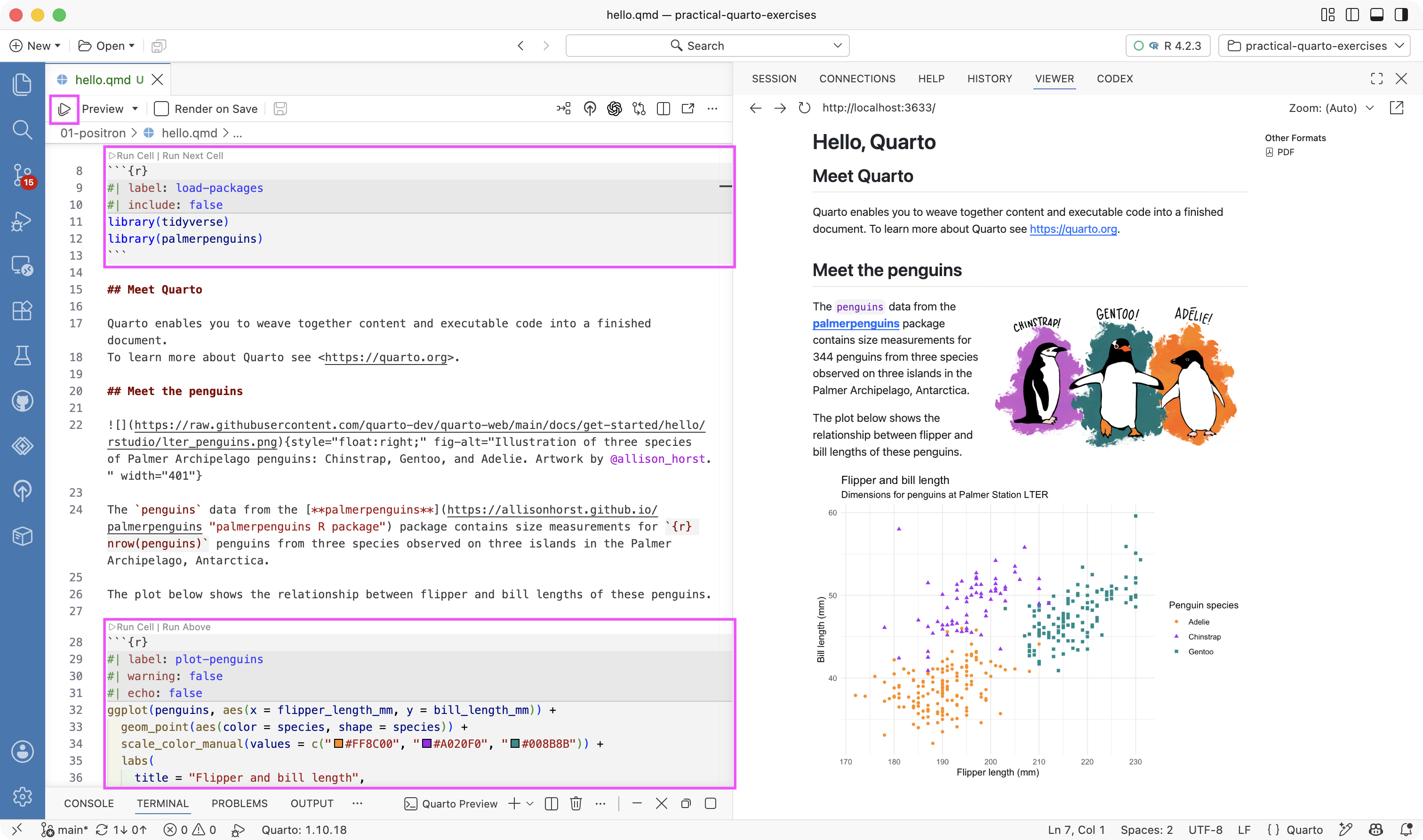 A Quarto document in the Positron editor with Run Cell and Run Next Cell actions above a code cell.