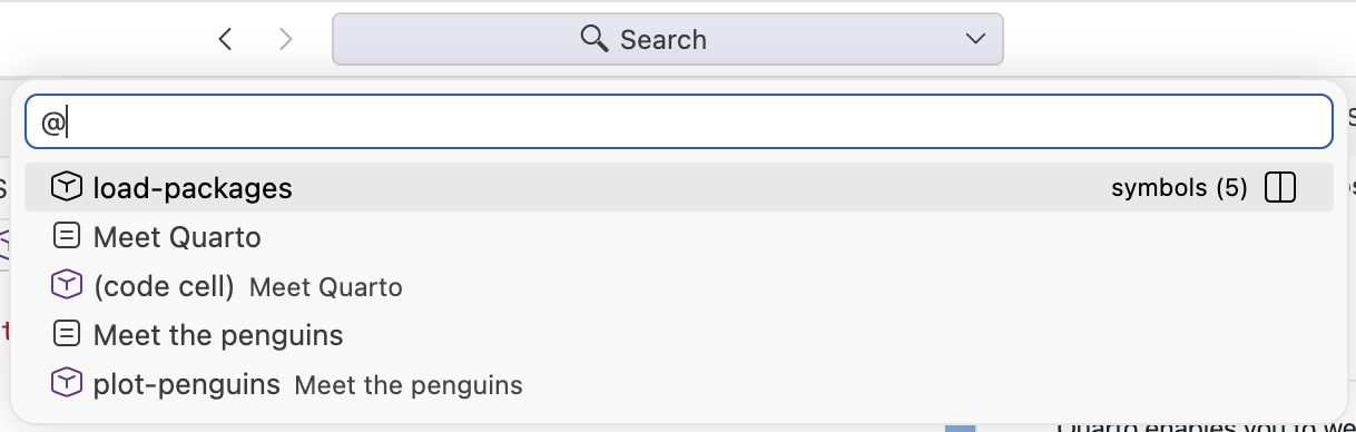 The Go to Symbol in Editor quick pick listing the symbols in the document: load-packages, Meet Quarto, Meet the penguins, and plot-penguins.