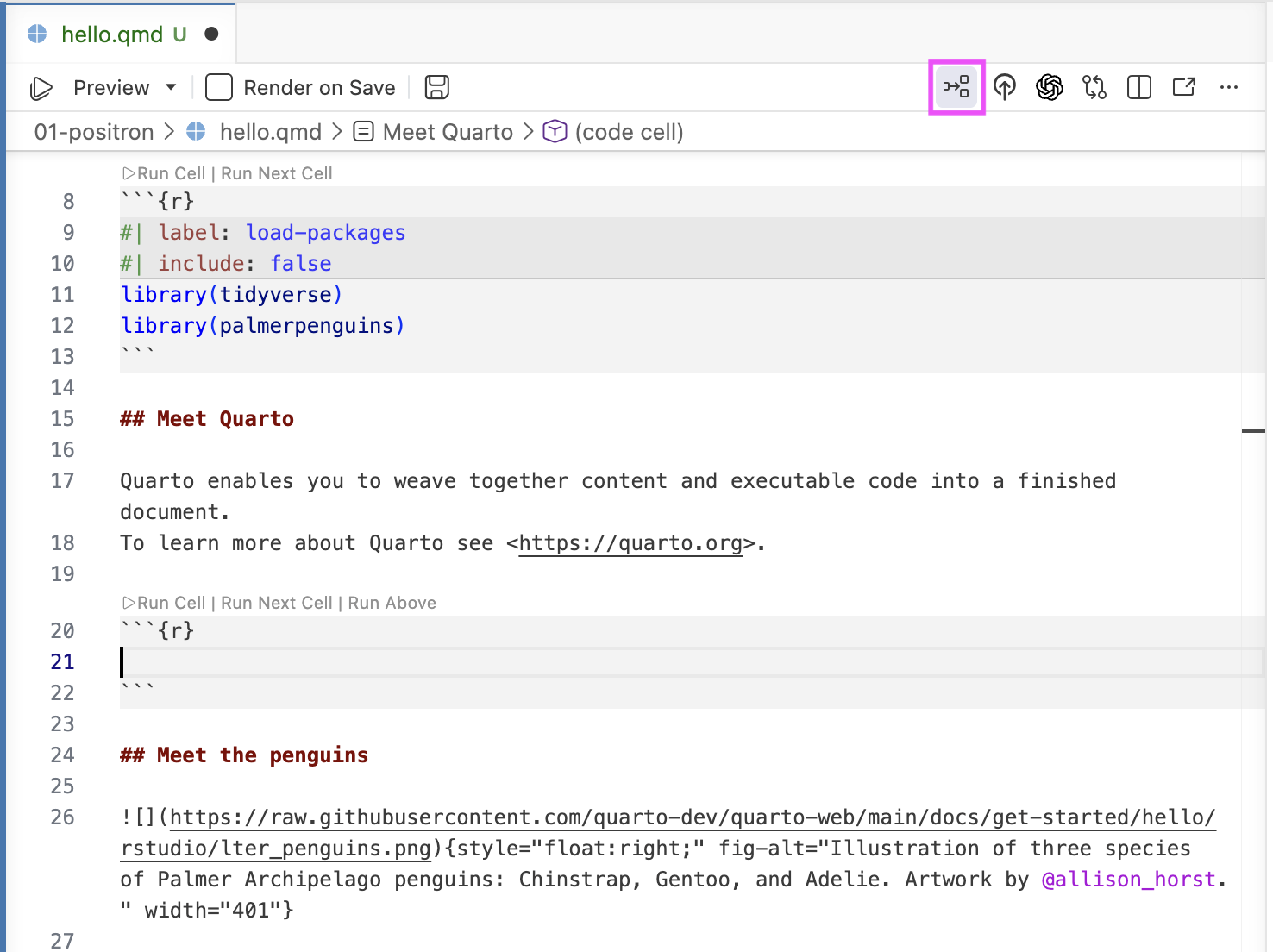 A new untitled Quarto document with the Insert Code Cell button in the editor toolbar.