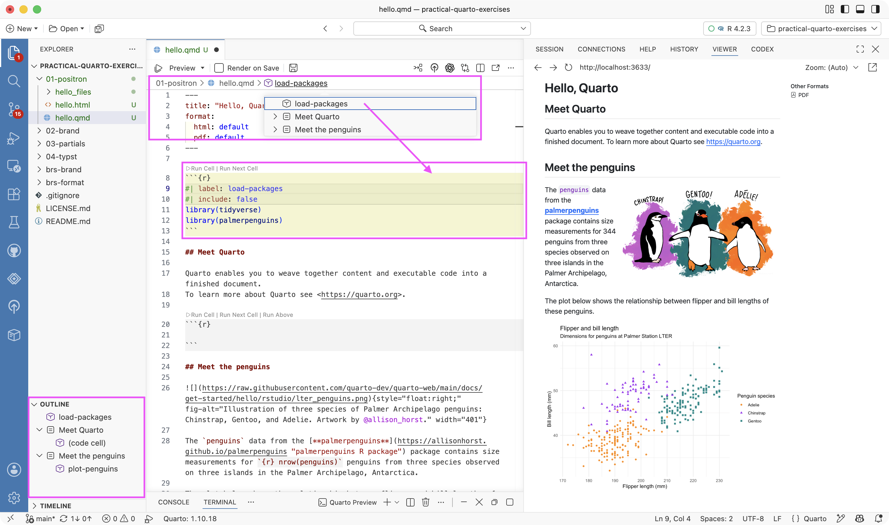Positron with the breadcrumbs dropdown showing the document sections and the Outline pane listing load-packages, Meet Quarto, Meet the penguins, and plot-penguins.