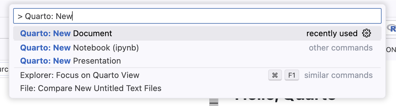 The command palette filtered to Quarto: New, showing Quarto: New Document, New Notebook, and New Presentation.