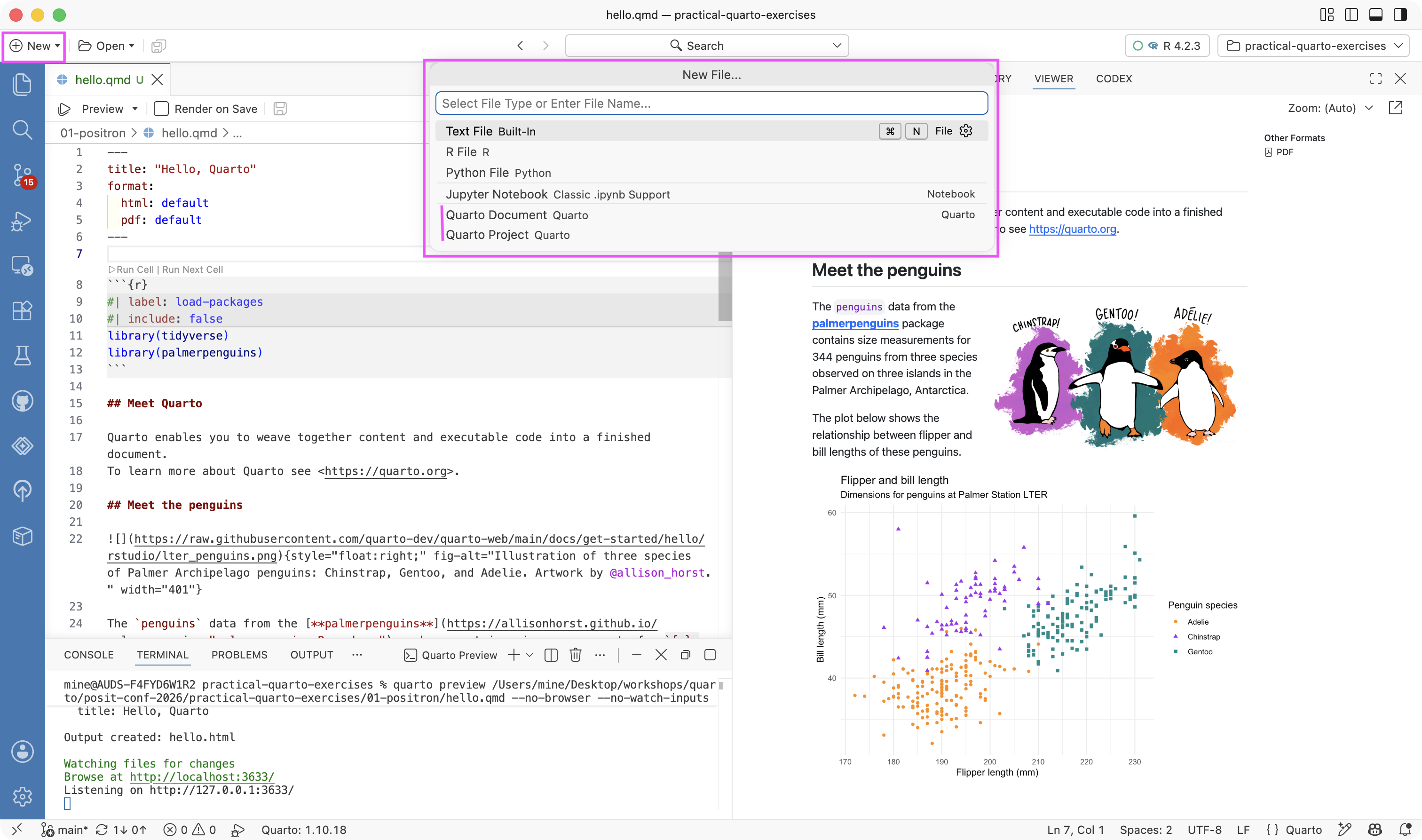 The New File dialog in Positron with file type options including Quarto Document and Quarto Project.