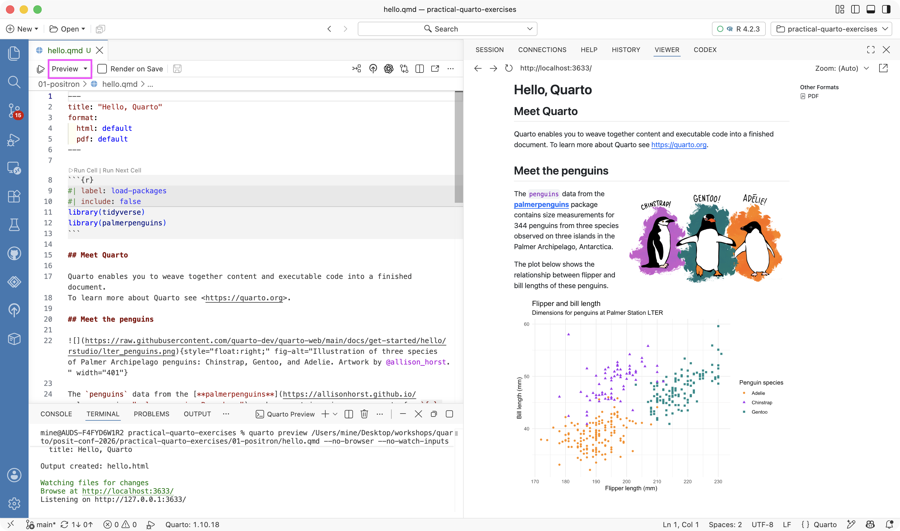 Positron with hello.qmd open in the editor, the Preview button in the editor toolbar, quarto preview running in the Terminal pane, and the rendered document in the Viewer pane.