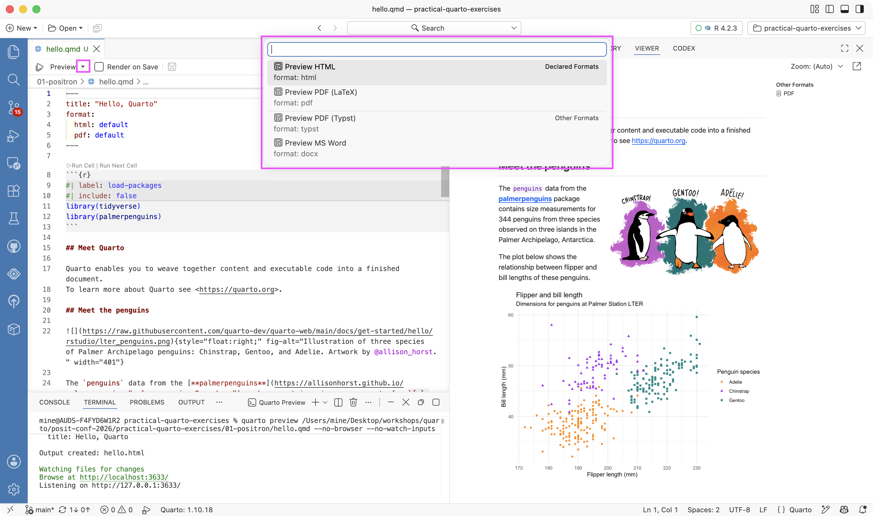 The Preview button dropdown listing declared formats, Preview HTML and Preview PDF (LaTeX), and other formats, Preview PDF (Typst) and Preview MS Word.
