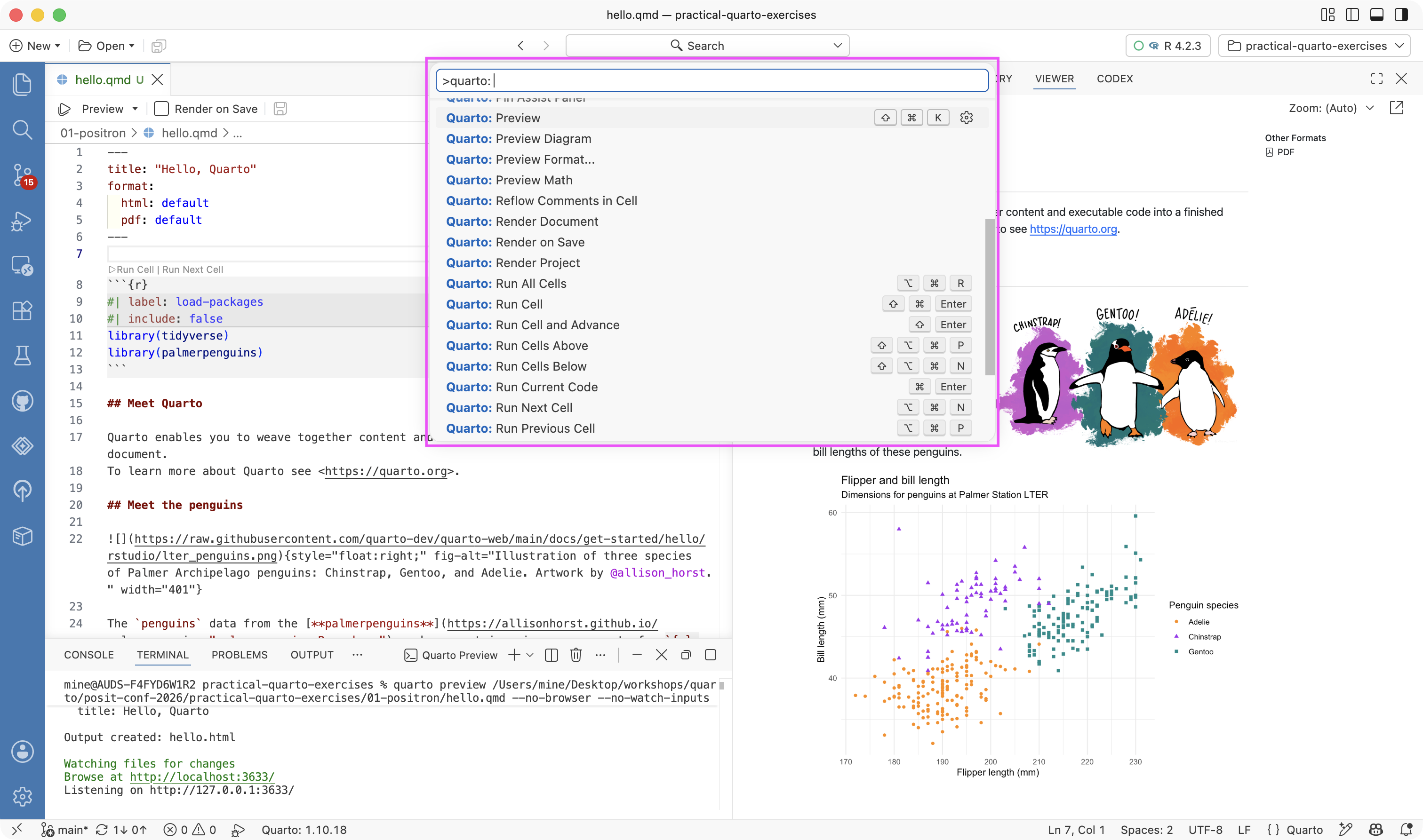 The command palette filtered to Quarto:, showing commands including Preview Format, Clear Preview, Create Project, Edit in Visual Mode, Format Cell, Go to Next Cell, Insert Code Cell, New Document, and New Presentation.