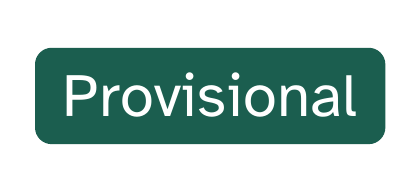 A dark green rounded rectangle with the word Provisional inside it in white type.