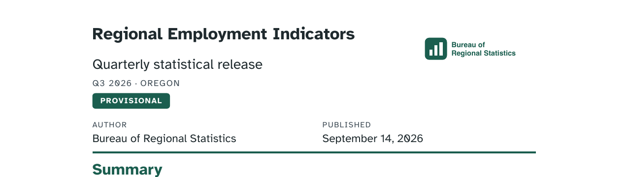 A rebuilt PDF title block. Regional Employment Indicators is large and bold at the left with the subtitle beneath it, and the agency logo and wordmark at the right. Below, in small grey letter-spaced capitals, Q3 2026 dot OREGON, then a dark green badge reading PROVISIONAL in white capitals. Author and Published run beneath in two labelled columns, above a dark green rule.